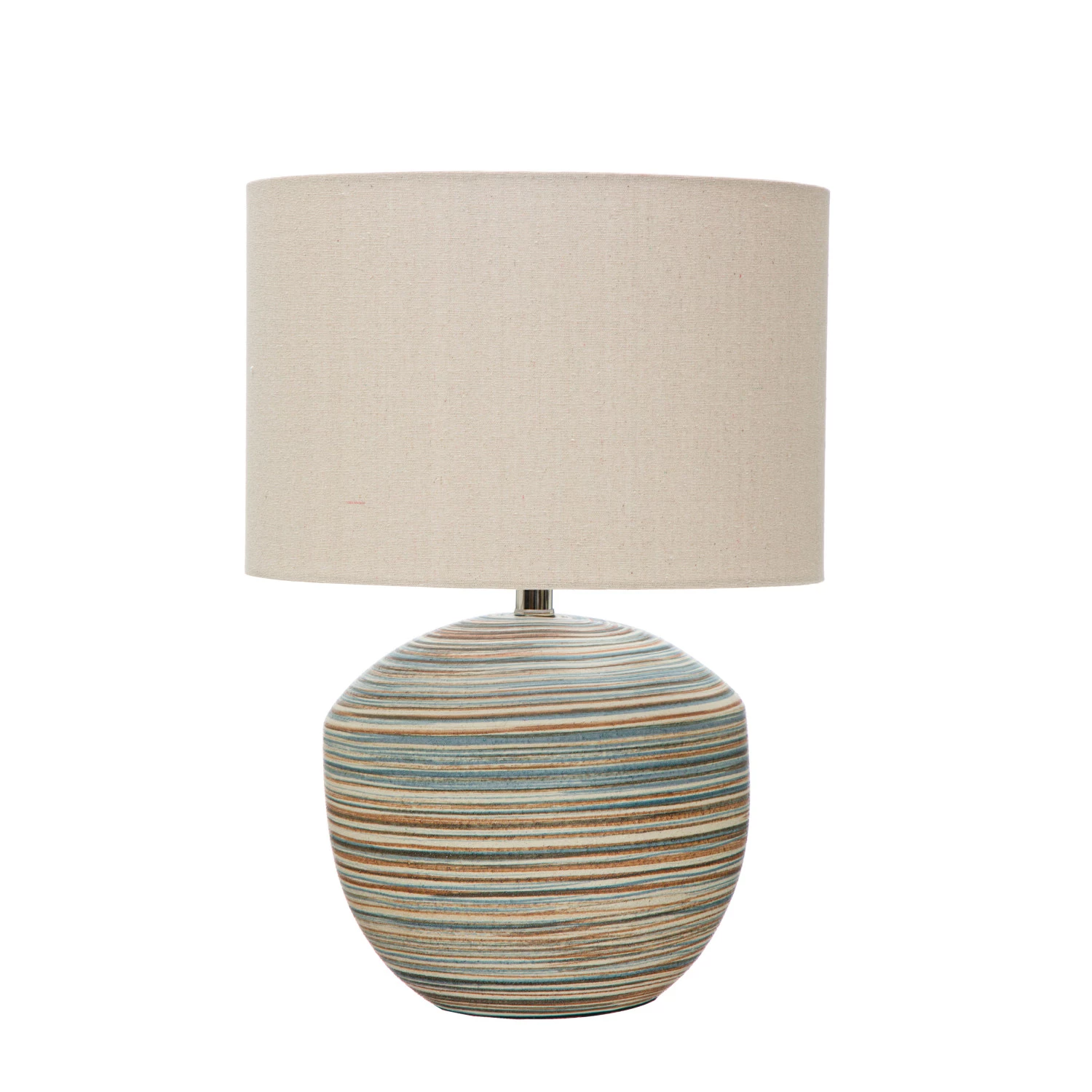 Stoneware Table Lamp with Stripes & Linen Shade - Sand Finish - 21-in - Mellow Monkey