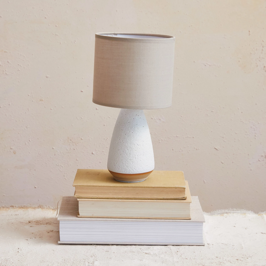 Coarse Stoneware Table Lamp with Linen Shade - 10-3/4-in - Mellow Monkey