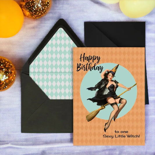 Happy Birthday To One Sexy Little Witch - Retro Birthday Greeting Card - Mellow Monkey