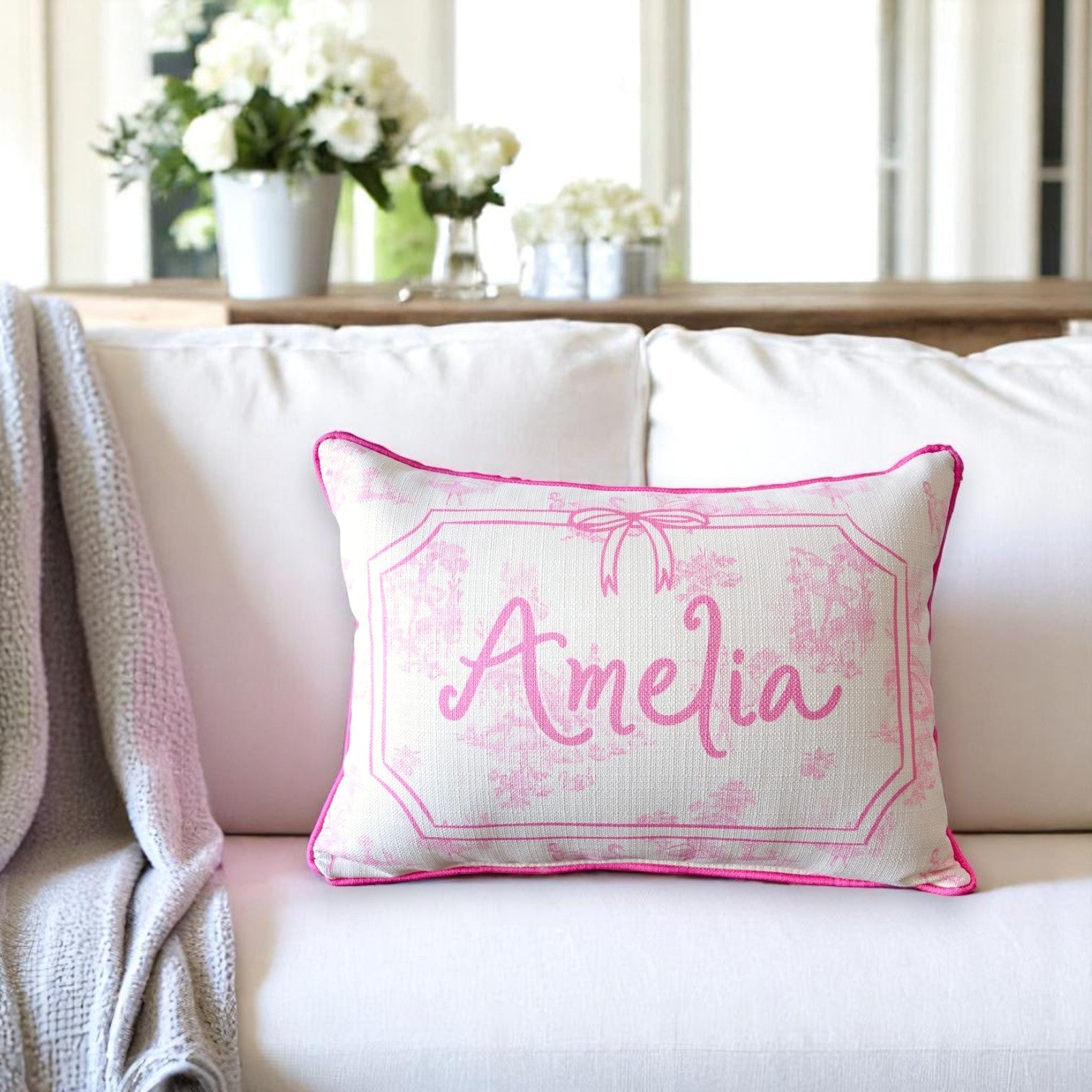 Ballet Toile Personalized Pillow with Light Pink Piping - 19-inch
