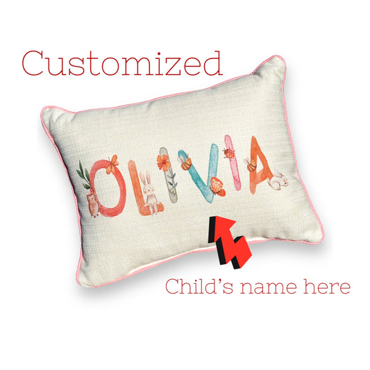 Custom Woodland Girl Name Throw Pillow with Light Pink Piping - 19-inch - Mellow Monkey