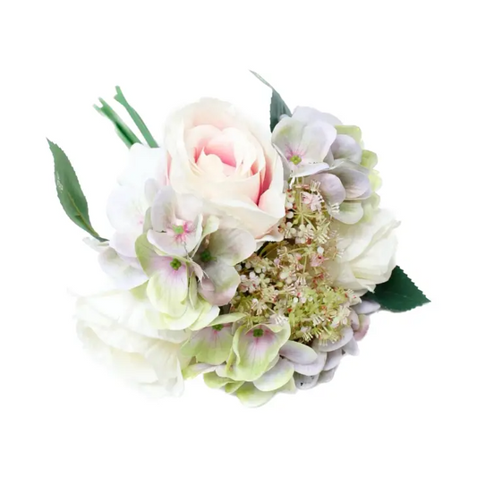 Rose Hydrangea Pre-Tied Bouquet Faux Flowers - Blush Ivory - 12" - Mellow Monkey