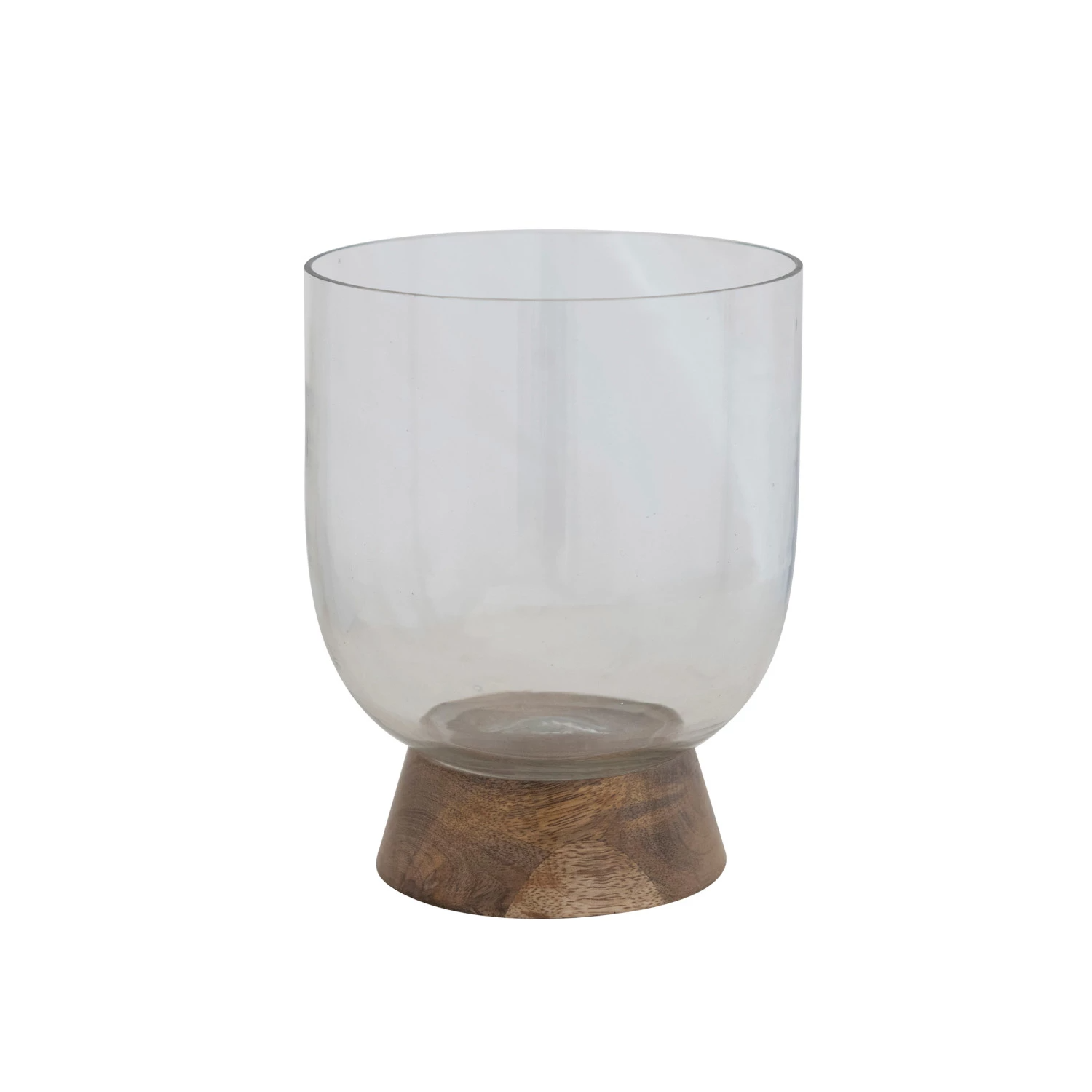 Glass & Mango Wood Footed Vase/Hurricane/Candle Holder - 6-1/2"H - Mellow Monkey