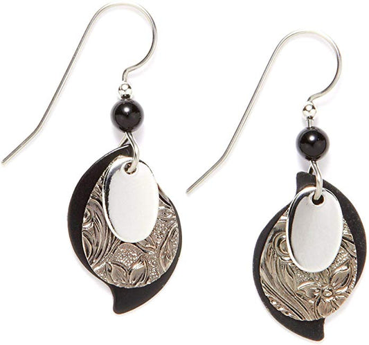 Silver Forest Silvertone with Black Three Layer Dangle Earrings - Mellow Monkey