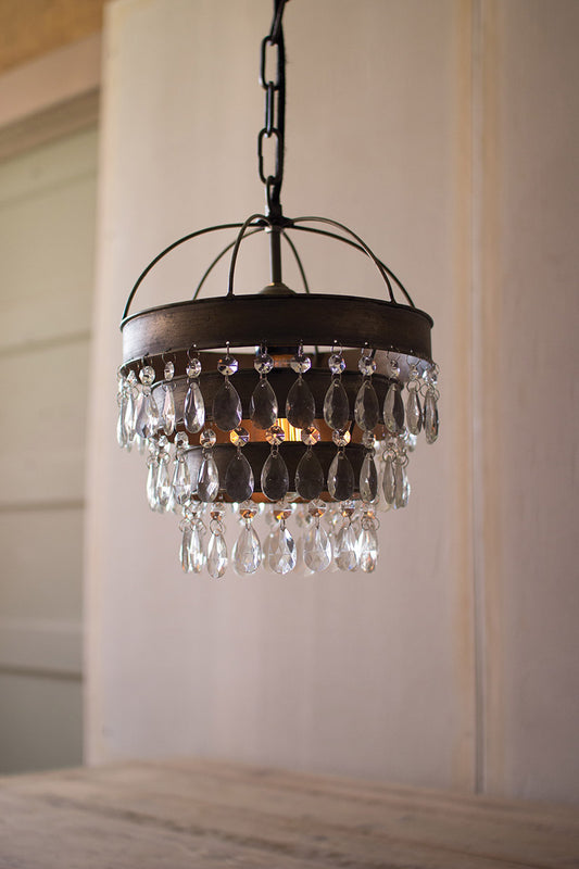 Metal Layered Pendant Lamp with Hanging Clear Glass Gems - 10-in - Mellow Monkey