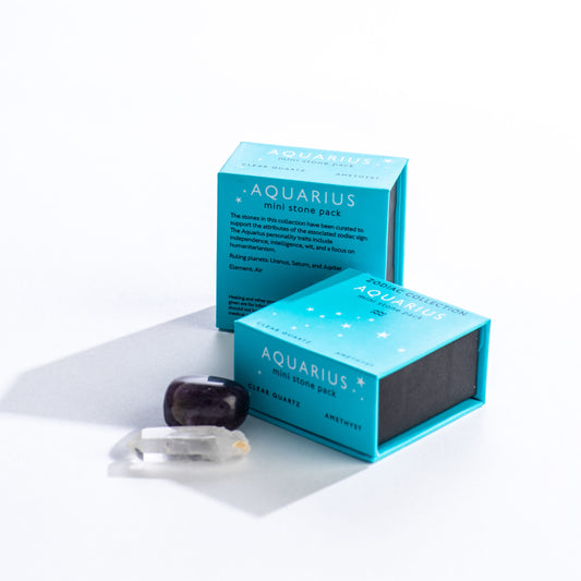 Aquarius Zodiac Mini Stone Pack - Clear Quartz and Amethyst in Gift Box - Mellow Monkey