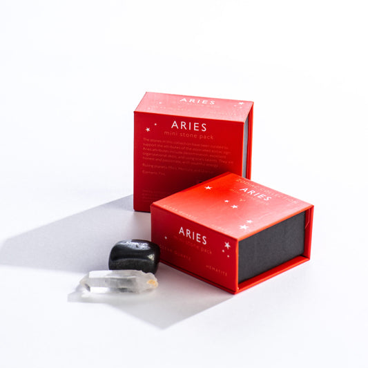 Aries Zodiac Mini Stone Pack - Clear Quartz and Hematite in Gift Box - Mellow Monkey