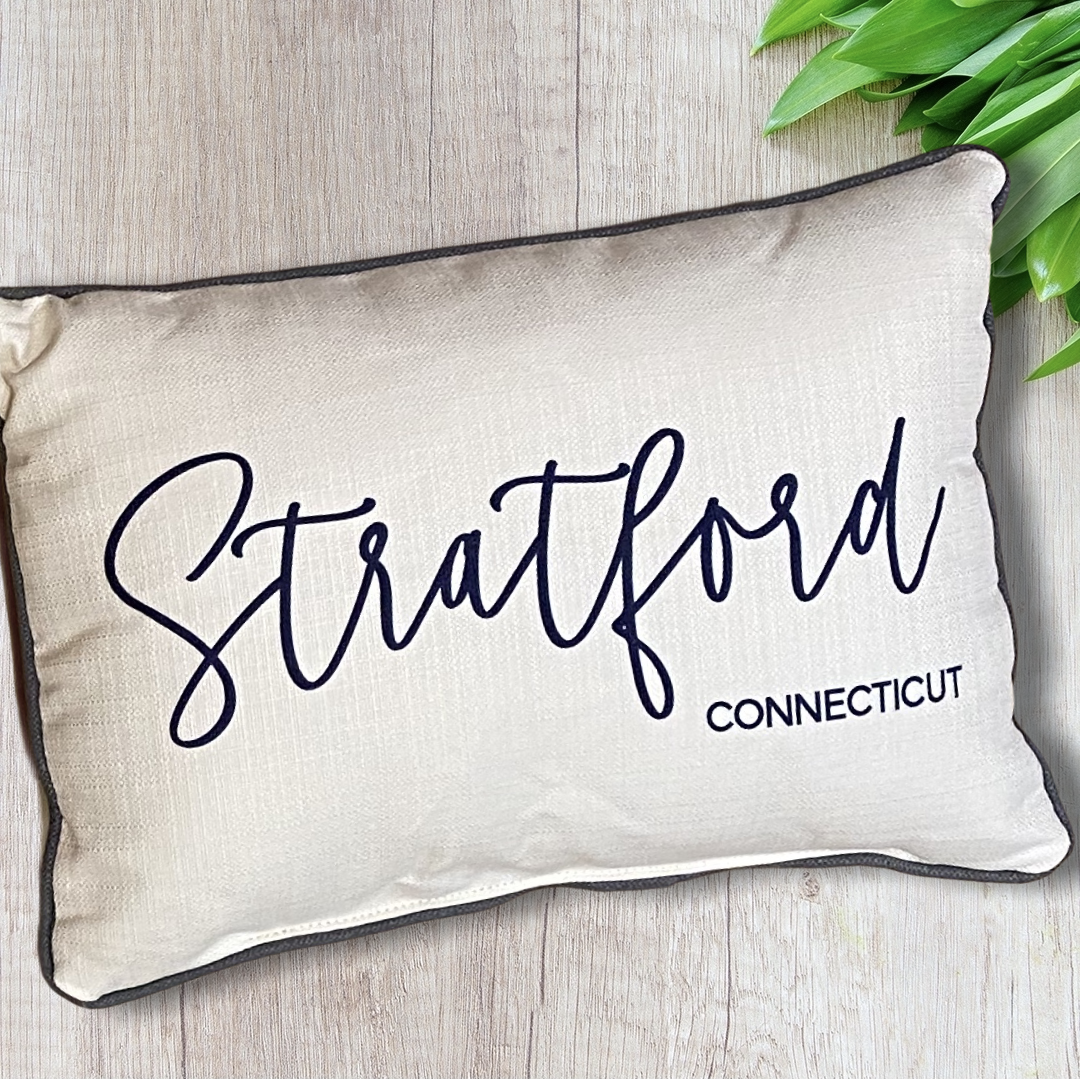 Stratford Connecticut Throw Pillow with Pinot Script 19 in