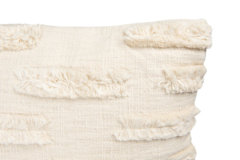 White Cotton Embroidered Pillow with Lines of Decorative Fringe - Mellow Monkey