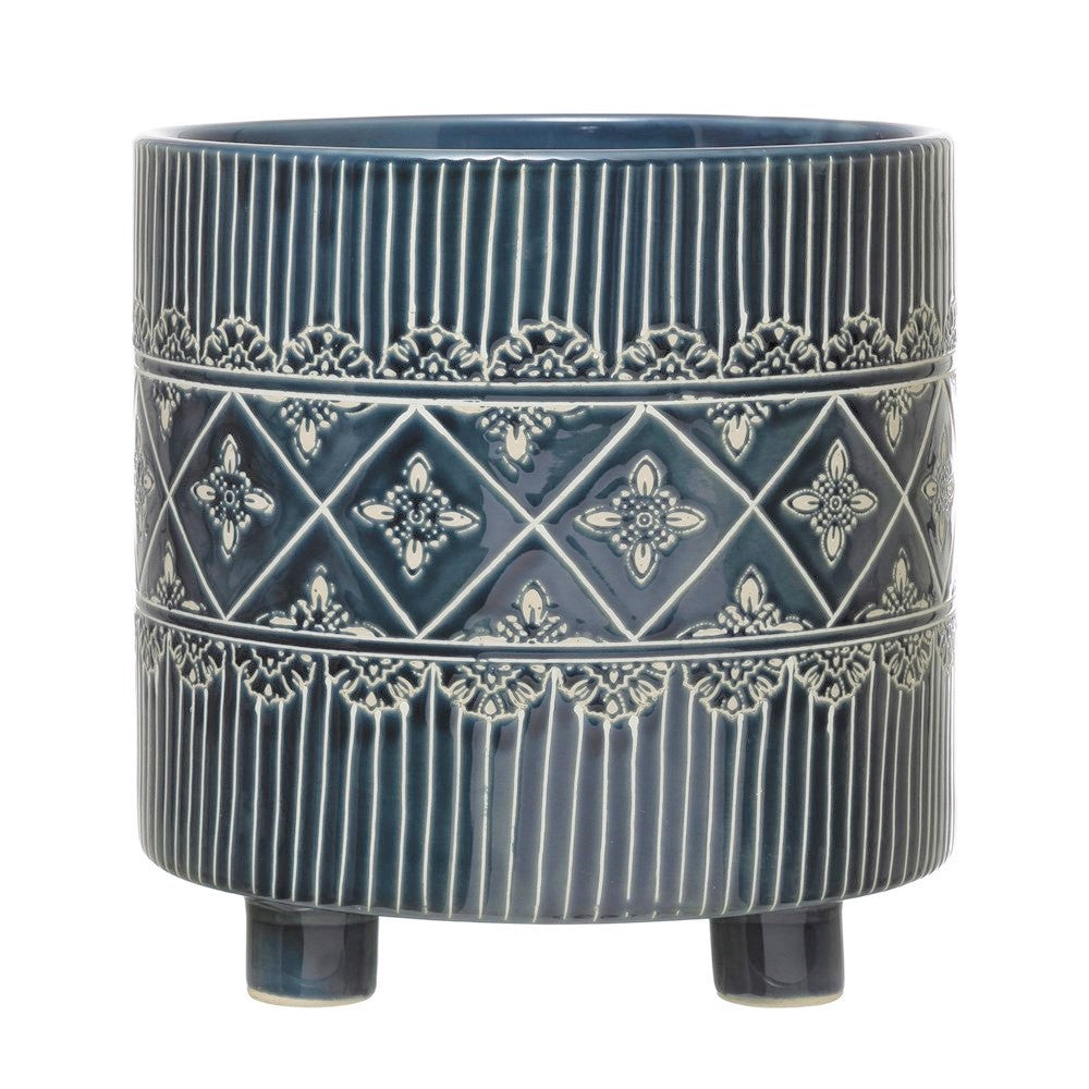 blue ceramic plant pot feet Debossed Stoneware Footed Planter with Pattern, Blue/White