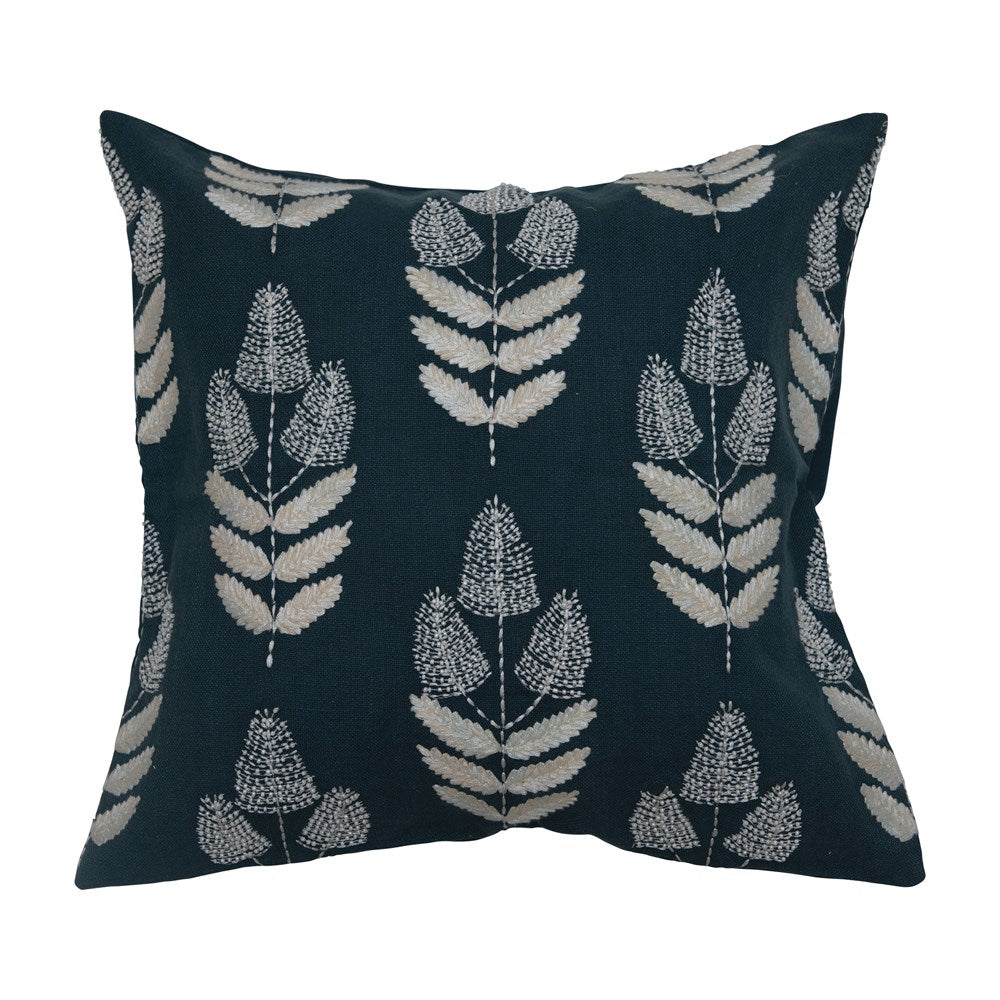 Flowers and Fern Embroidered Throw Pillow, Square Decorative