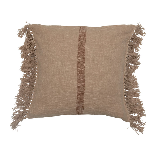Cotton Slub Pillow with Brown Stripe & Fringe - Natural - 20-in Square - Mellow Monkey