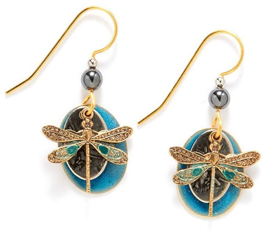 Silver Forest of Vermont Gold Dragonfly Turquoise Enamel Dangle Earrings - Mellow Monkey