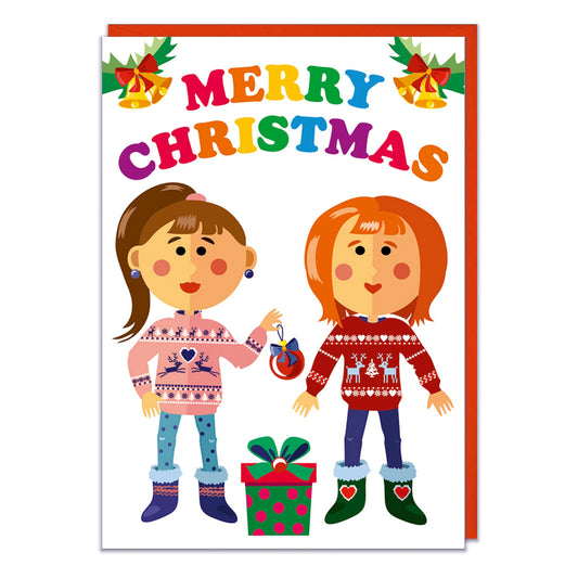 Merry Christmas Cute Girls Gay Couple - Christmas Greeting Card - Mellow Monkey