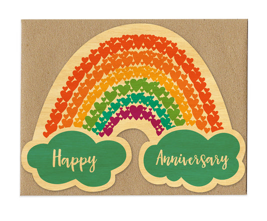 Happy Anniversary Rainbow of Hearts Real Wood Greeting Card - Mellow Monkey
