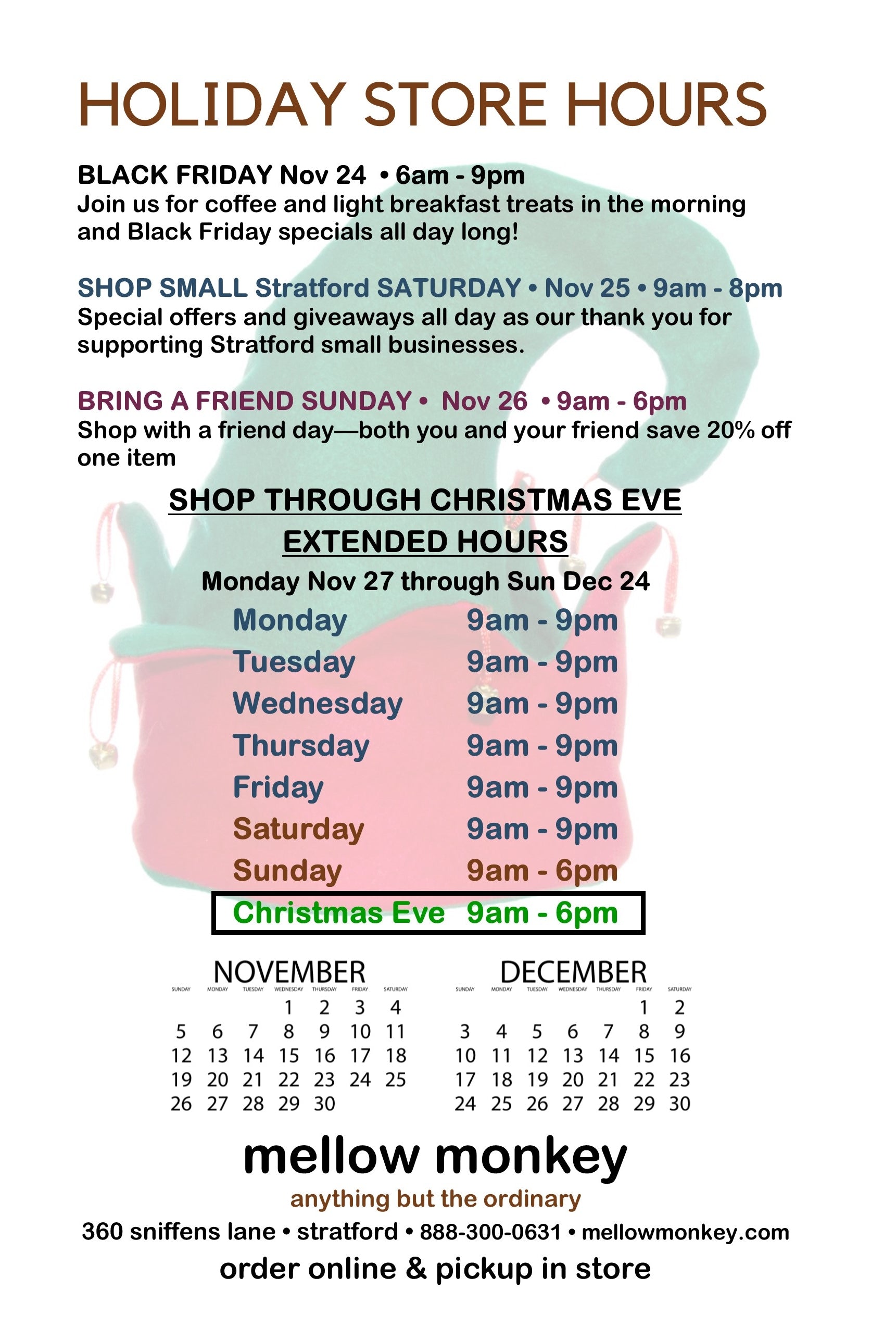 Announcing Holiday Store Hours and Special In Store Offers