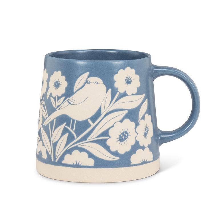 Wide Base Mug with Leaves & Birds-Blue-3.5"H(14oz) - Mellow Monkey