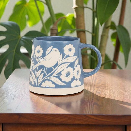 Wide Base Mug with Leaves & Birds - Blue - 3.5"H(14oz) - Mellow Monkey