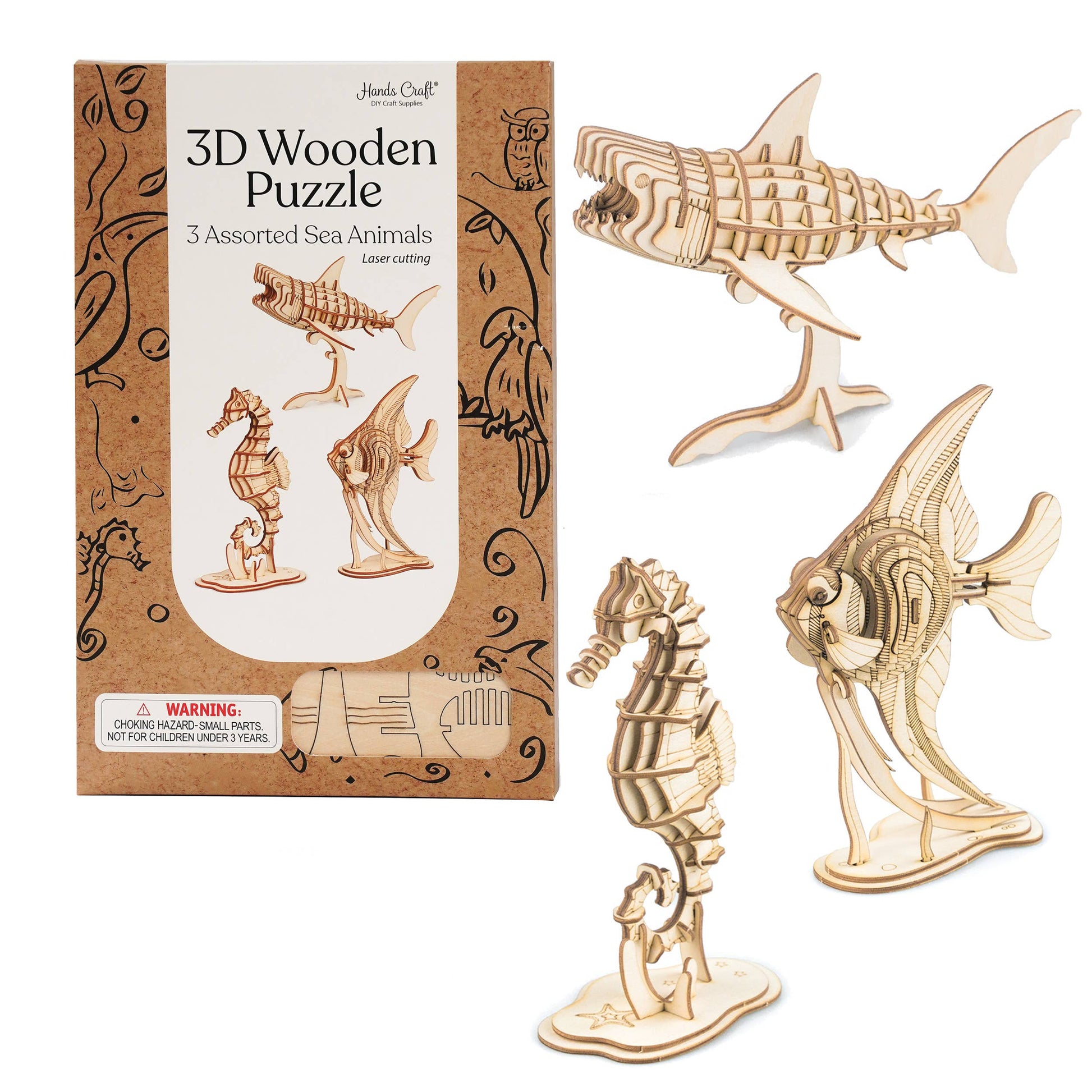 3D Laser Cut Wooden Puzzle Bundle Pack: Sea Animals - Mellow Monkey