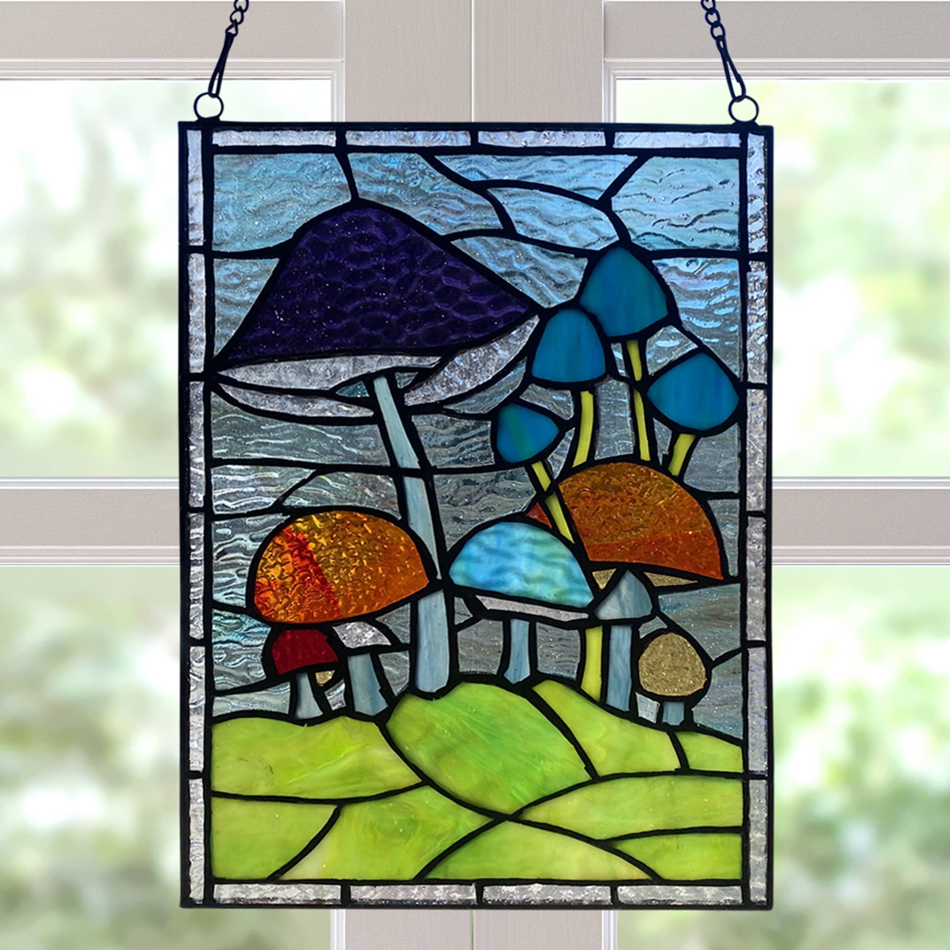 Erin Green Mushrooms Stained Glass Window Panel - 11-1/2-in - Mellow Monkey