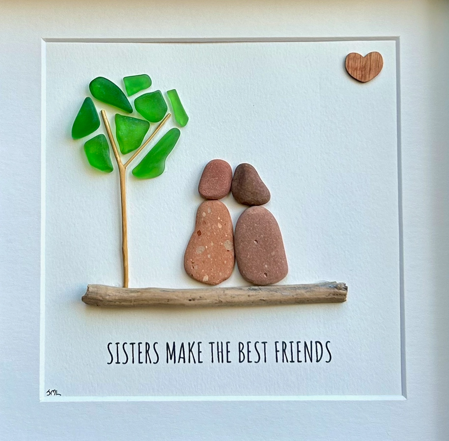 Sisters Make The Best Friends - Pebble and Sea Glass Art - Framed Shadowbox 9-in - Mellow Monkey
