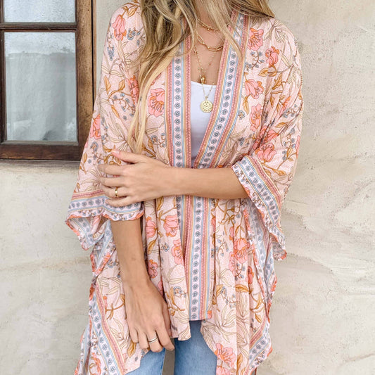 Blush Floral Border Printed Kimono Cardigan Cover Up
