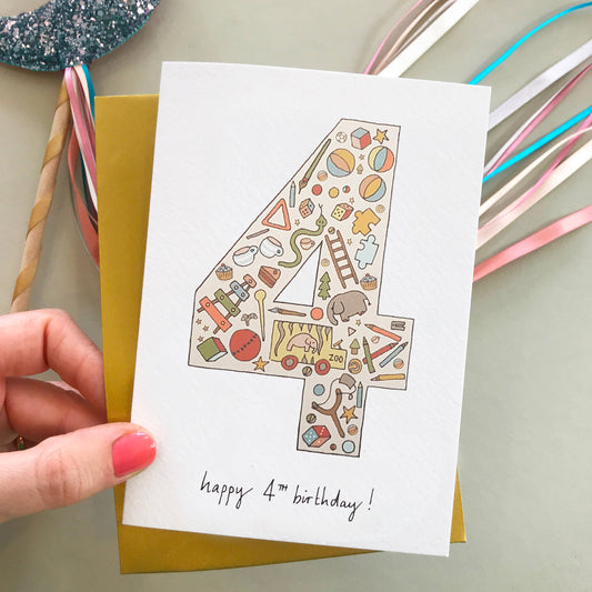 4th Birthday Card - Hand Illustrated Vintage Style - Mellow Monkey