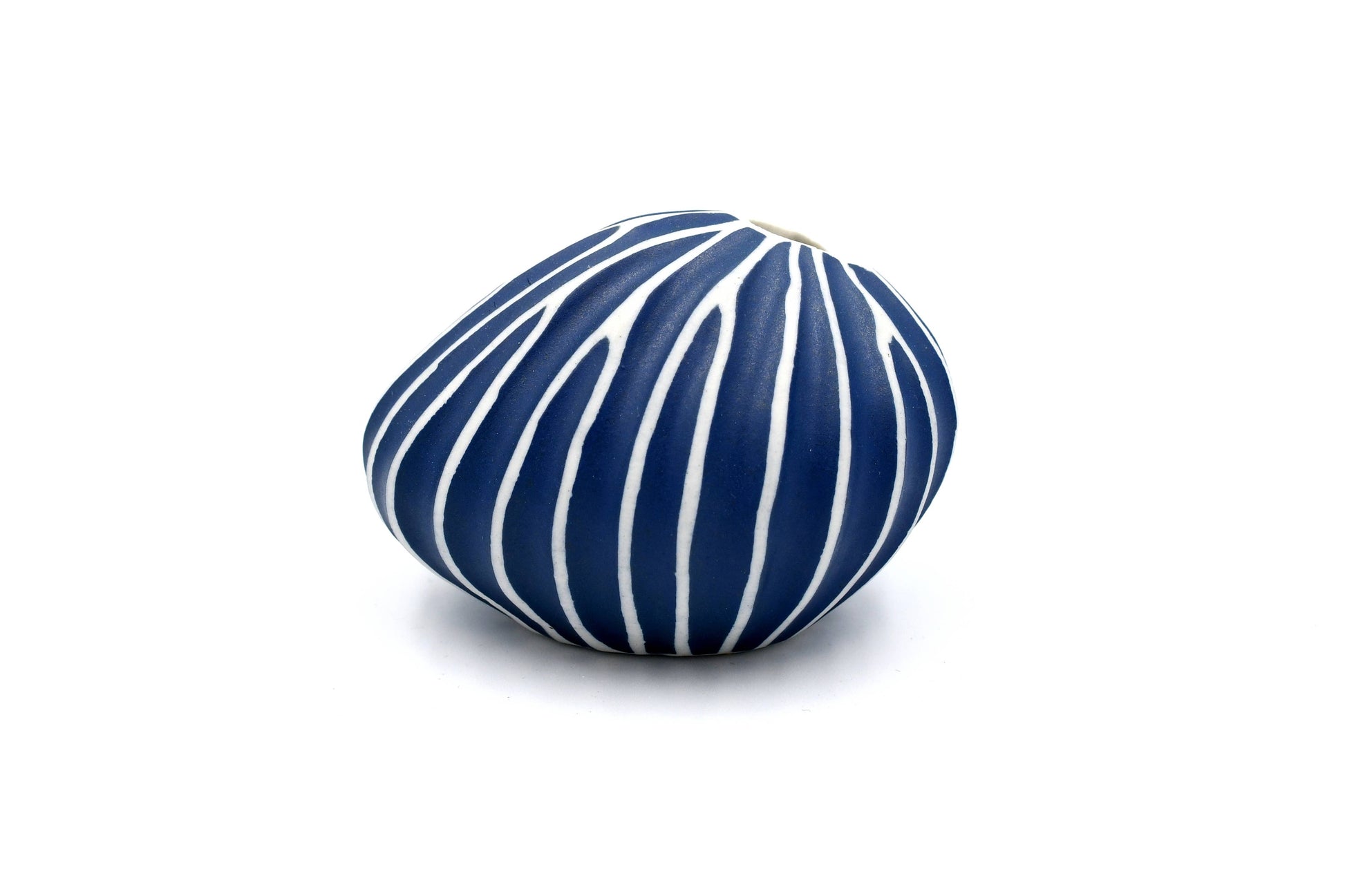 Mini Pebble - Handcrafted Porcelain Bud Vase - Navy with White Stripes - 3.4 x 2.6 x 2.4 in - Mellow Monkey