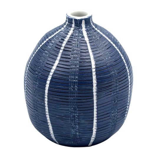 Gugu Sag - Handcrafted Porcelain Bud Vase - Navy with White Stripes - 2.7 x 2.7 x 3 in - Mellow Monkey