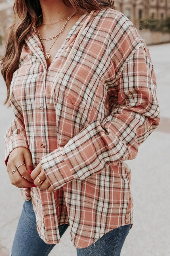 Plaid Button Front Hoodie Shacket Shirt - Pink - Mellow Monkey