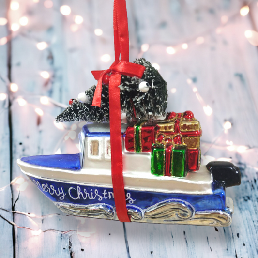 Christmas Boat - December Diamonds Holiday Ornament - Mellow Monkey