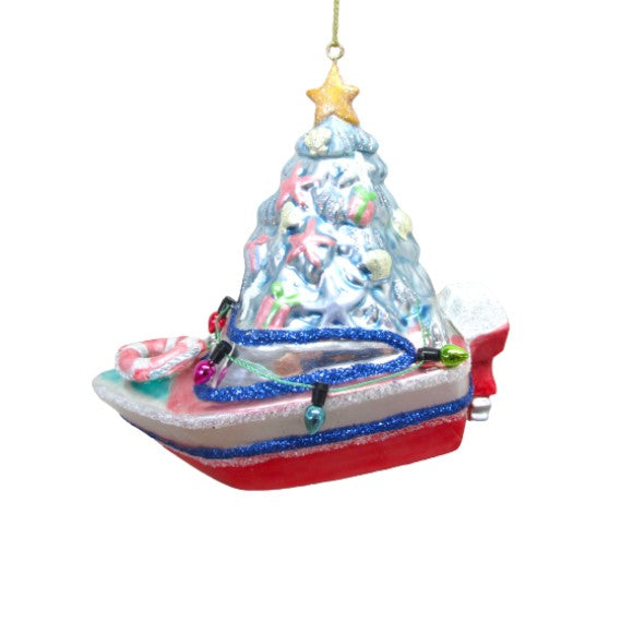 Pink Boat with Christmas Tree - December Diamonds Holiday Ornament - Mellow Monkey