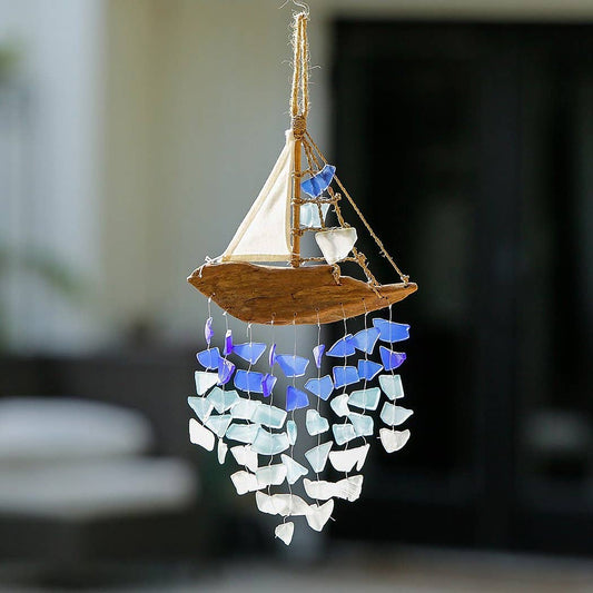Driftwood Boat Windchime with Sea Glass - 16-in