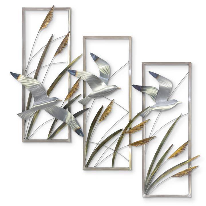 Seagulls and Sea Oats Triptych Metal Wall Art - 45-in - Mellow Monkey