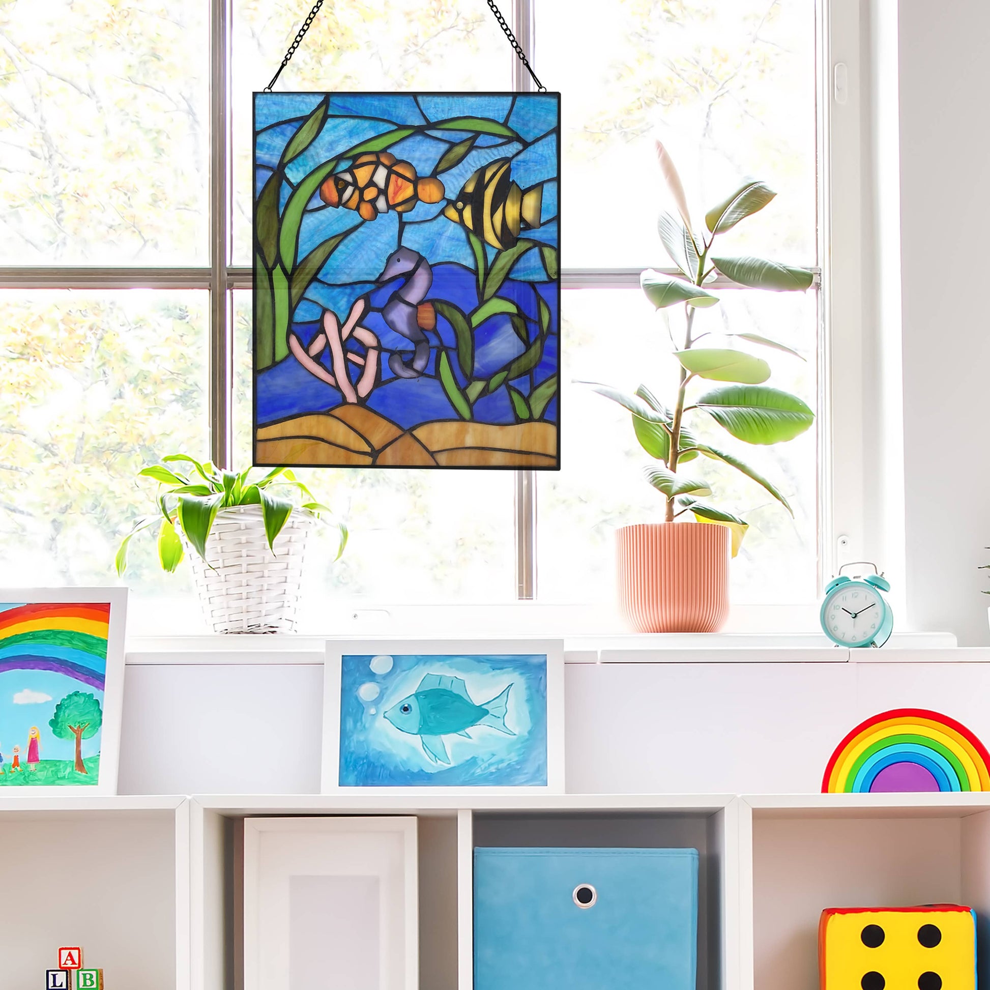 Underwater Blue Ocean Scene Stained Glass Window Panel - 14-in - Mellow Monkey