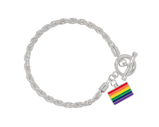 Rectangle Rainbow Gay Pride Flag Silver Rope Bracelet