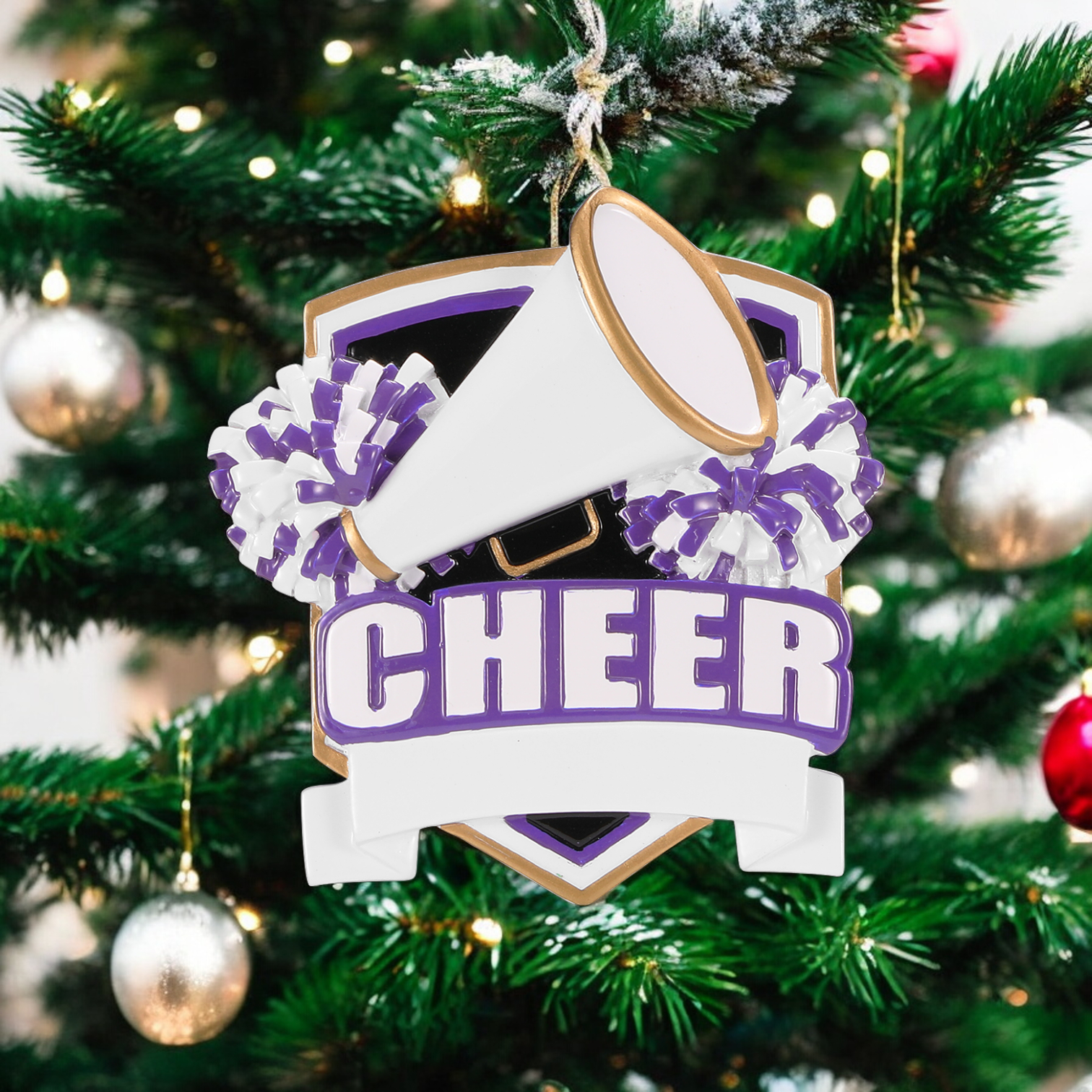PURPLE Cheer Shield Personalized Ornament - Mellow Monkey