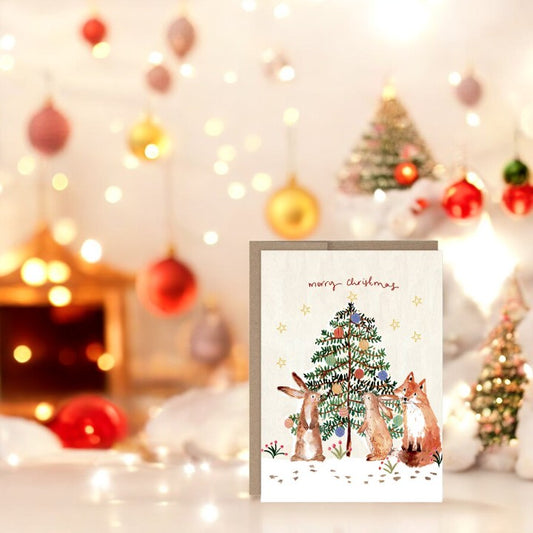 Bunnies & Fox Christmas Tree Boxed Holiday Cards - Set of 10 - Mellow Monkey