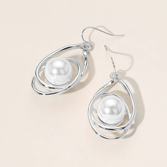 Pearl Pointed Twisted Open Teardrop Dangle Earrings: Silver