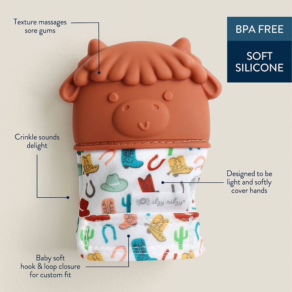 Itzy Mitt™ Silicone Teething Mitts: Highland Cow for Infant - Mellow Monkey