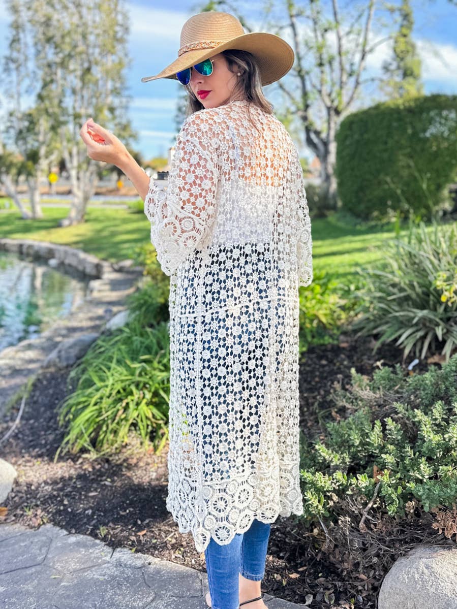 Ivory Floral Printed Crochet Maxi Kimono Cardigan - Mellow Monkey