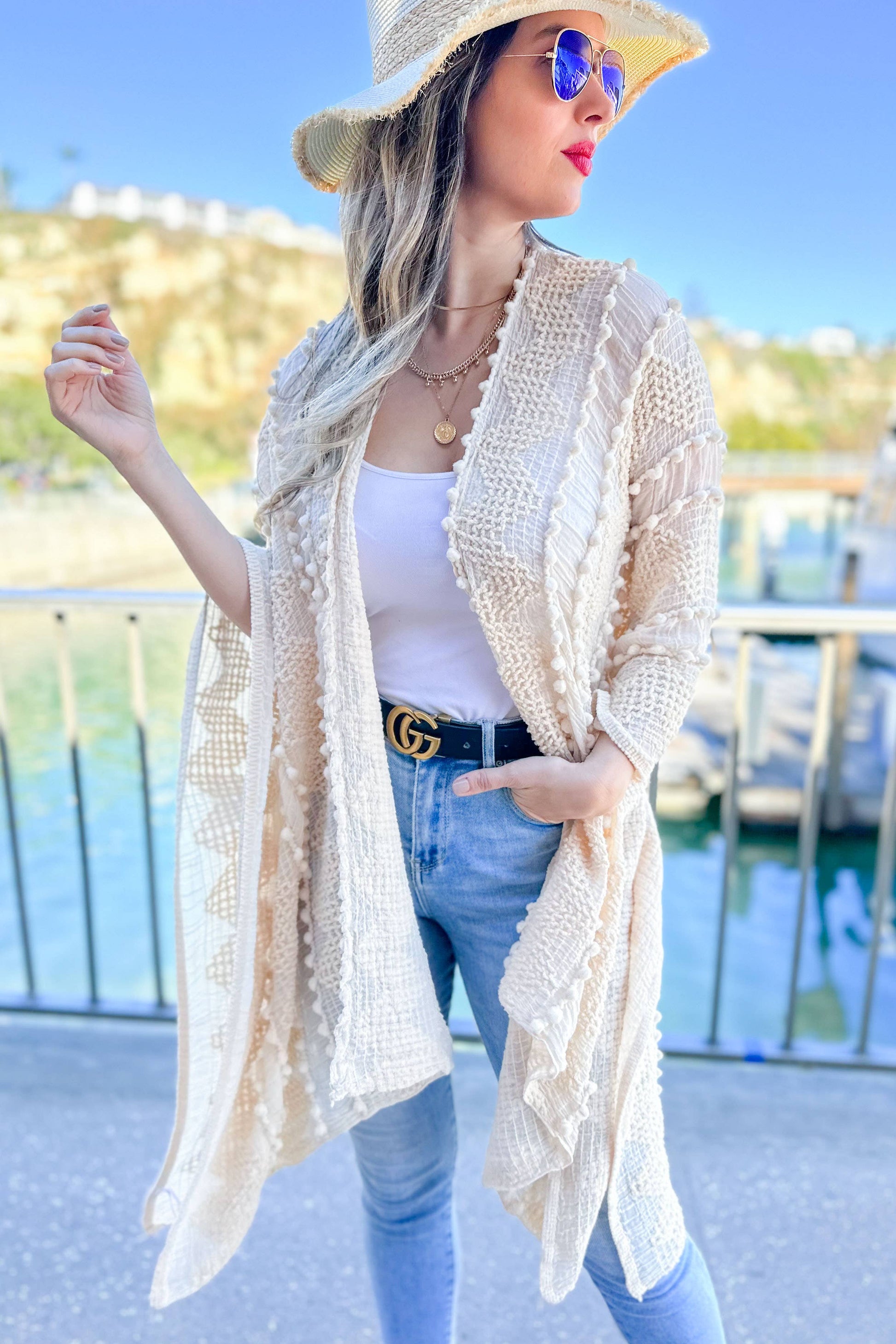 Ivory 3D Textured Open Front Soft Kimono Cover Up - Mellow Monkey