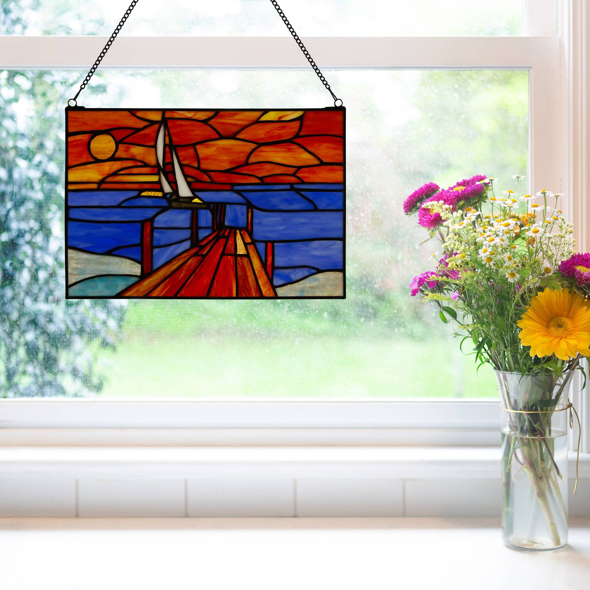 Sailboat Orange & Blue Stained Glass Window Panel - 14-in - Mellow Monkey