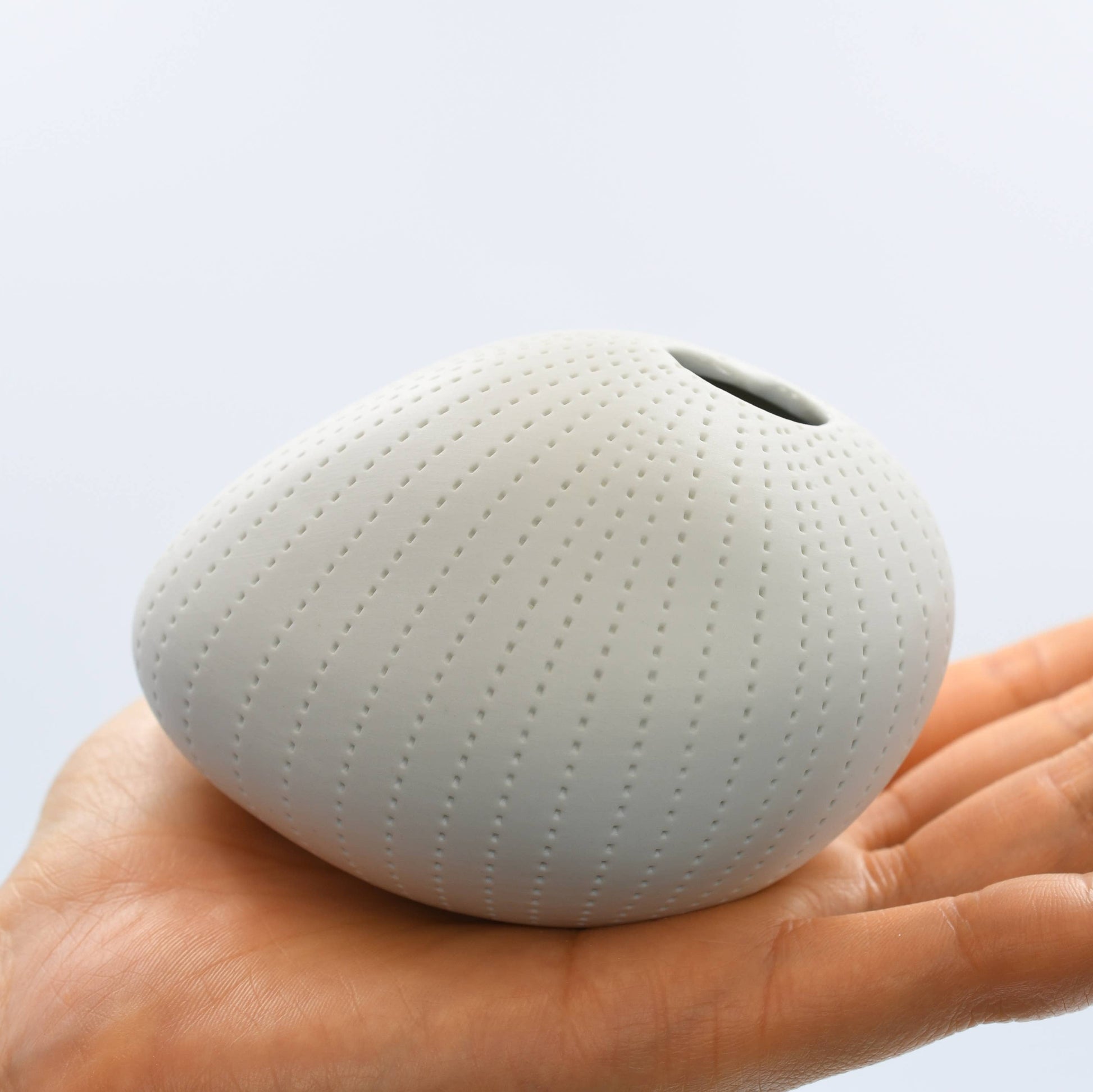 Mini Pebble - Handcrafted Porcelain Bud Vase - White with Grey Dotted Lines - 3.4 x 2.6 x 2.4 in - Mellow Monkey