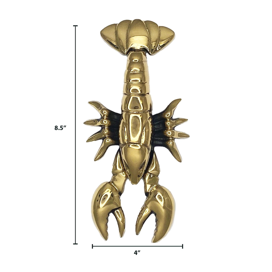 brass lobster door knocker measures 4" wide and 8.5" high