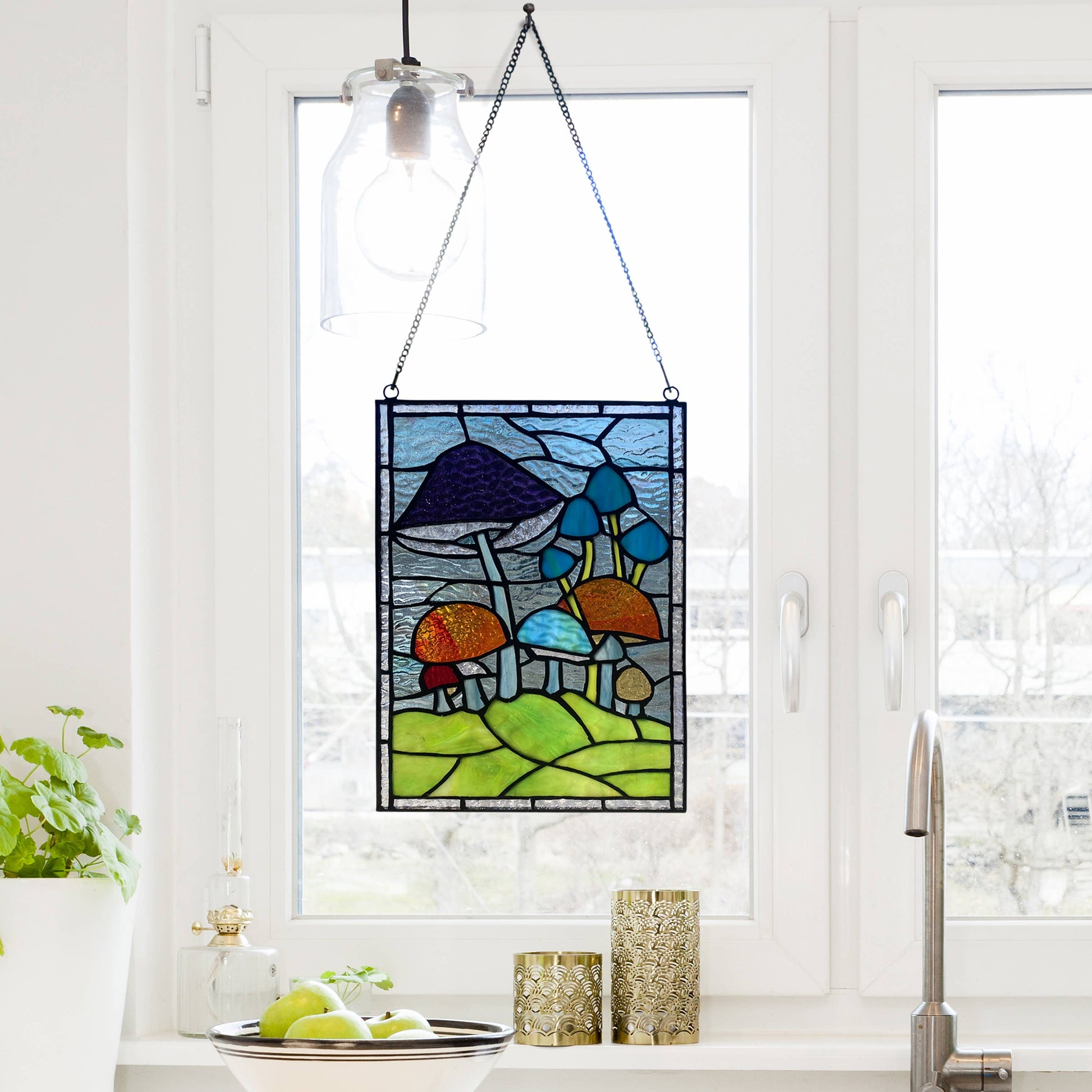 Erin Green Mushrooms Stained Glass Window Panel - 11-1/2-in - Mellow Monkey