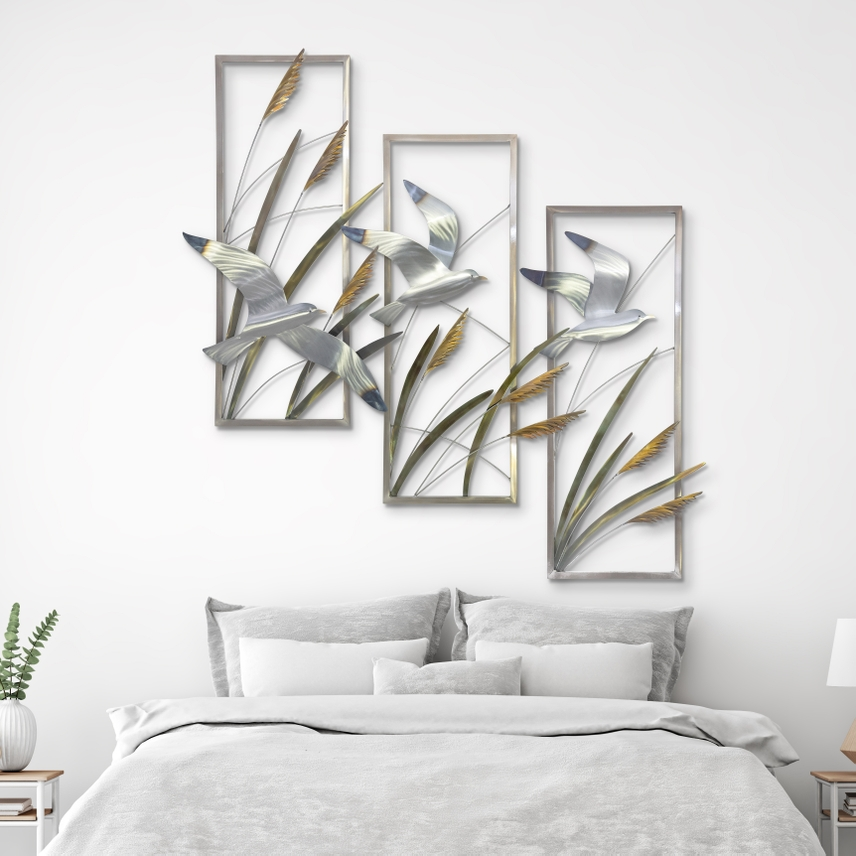 Seagulls and Sea Oats Triptych Metal Wall Art - 45-in - Mellow Monkey