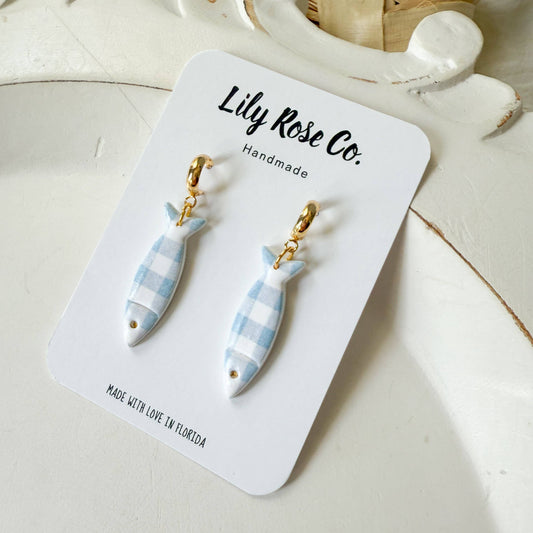 Blue Gingham Clay Fish Earrings