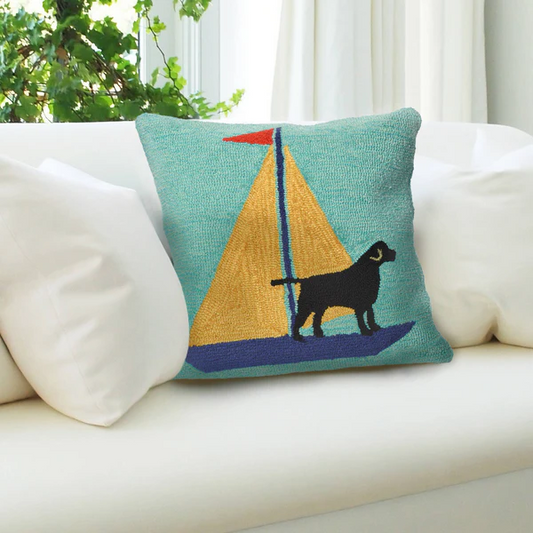 Frontporch Sailing Dog - Indoor/Outdoor Hand Hooked Pillow - Yellow / Polyester 18-in - Mellow Monkey