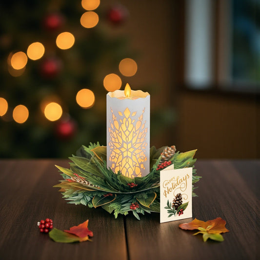 FreshCut Paper Holiday Candle with Lights - 8-in Pop Up Greeting Card - Mellow Monkey